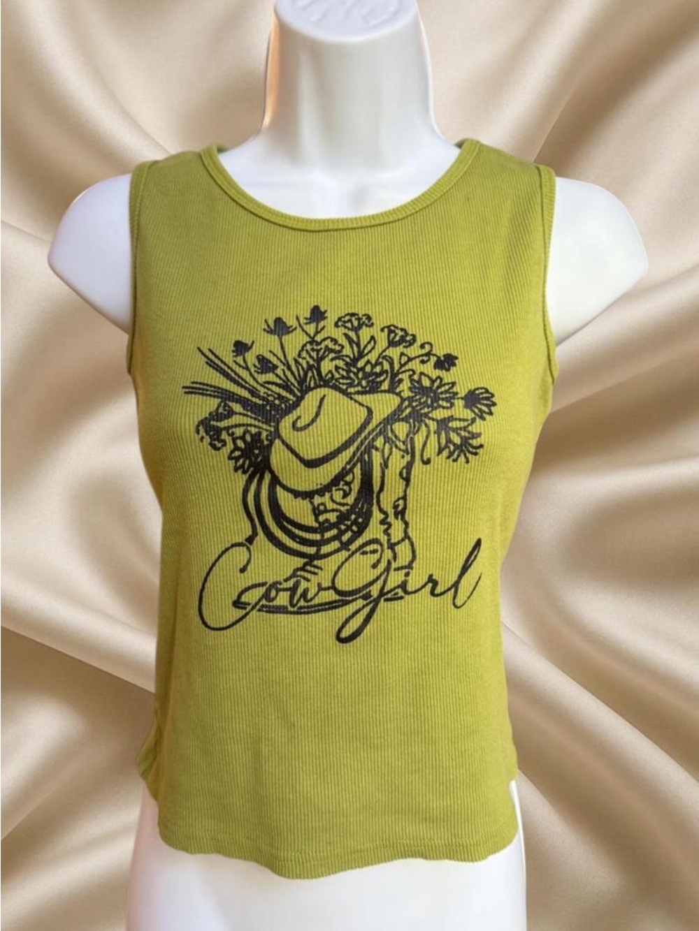 Cowgirl Graphic Ribbed Tank - Lime Green